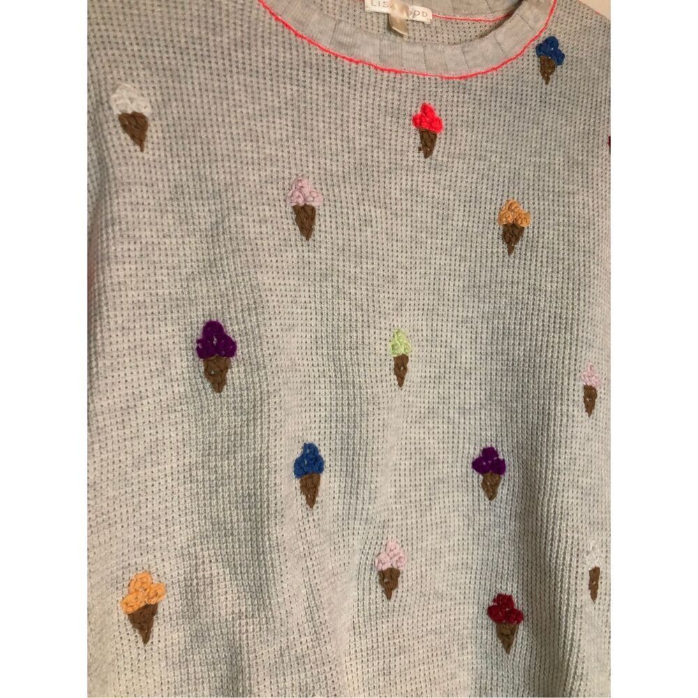 Lisa Todd Embroidered Ice Cream Cone "what's the scoop" Waffle Sweater sz S quir - Picture 6 of 8